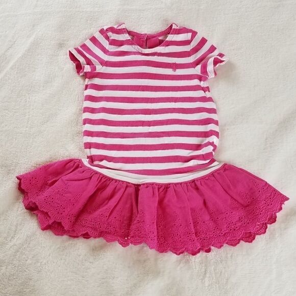 Ralph Lauren Pink Striped Eyelet Lace Trim Tee Dre - Picture 1 of 9